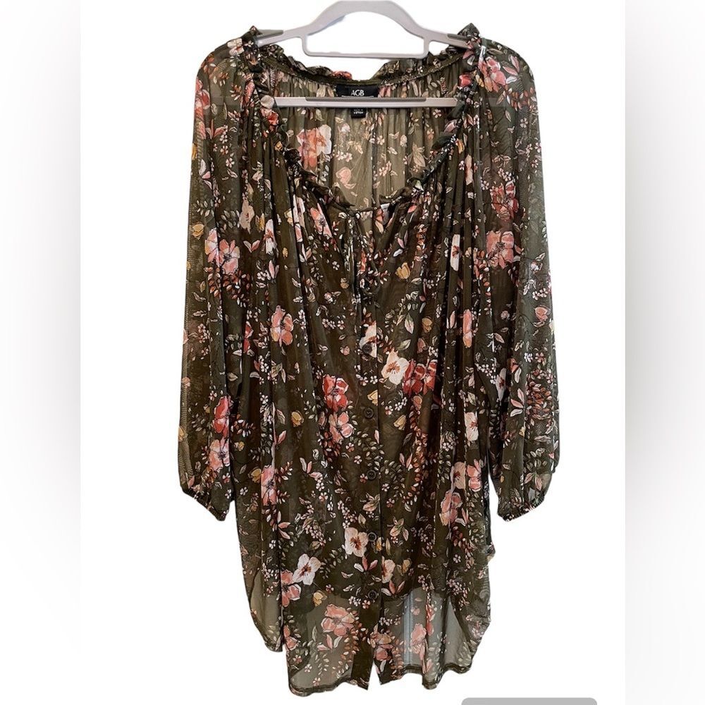 AGB Woman Floral Long Sleeve Semi Sheer Blouse Olive Green & Orange Size XXL